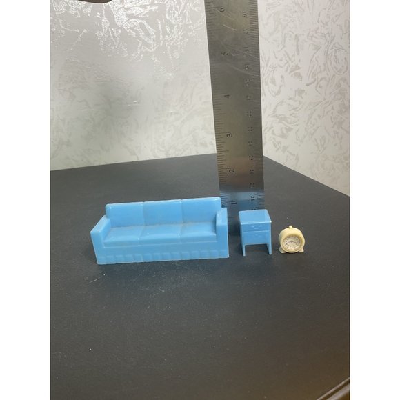 Miniature Blue Dollhouse Couch & Side Table Set With Clock - Picture 4 of 4